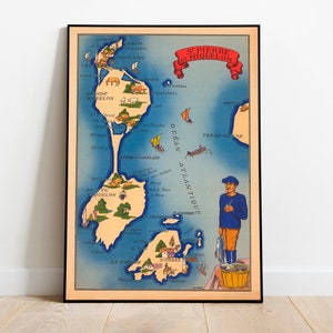Carte de Saint Pierre et Miquelon| Cartes de France| Impression d’affiche| Impression murale encadrée| Décor mural imprimé sur toile| Affiche murale| art mural de carte vintage