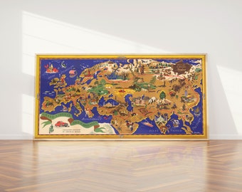 May include: A vintage travel poster featuring a colorful map of Europe with illustrations of landmarks and cities. The map is surrounded by a gold frame and has the text "Grand Circuit des Iles" in green and white.