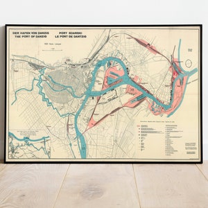 Danzig Stadt Karte Wand Print| Gerahmte Karte Wanddeko | 1929 Danzig Karte Kunstdruck | Posterdruck | Kunstdruck auf Leinwand | Karte Wandkunst Poster