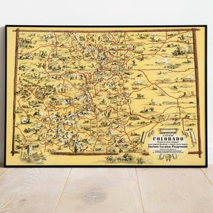 Carte illustrée du Colorado| Art mural carte du Colorado | Décoration murale imprimée sur toile | Carte imprimée murale du Colorado | affiche de carte vintage | Carte déroulante