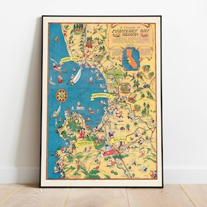 Monterey Bay Karte Drucken | Kunstgeschichte| 1932 Kalifornien Karte Wandkunst | Gerahmte Kunst | Leinwand Kunst| Plakatkunst| Druckt Wandkunst | Karte Wandbilder