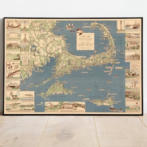Dekorative Landkarte von Cape Cod| Vintage Karte | Cape Cod Wandkunst| Auf Leinwand gewickelt Wandkunst | Drucke Wanddekor | Wandbilder gerahmt