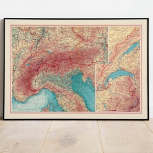 Karte der Alpen | Karte Wanddeko | Vintage Karte Wandkunst| Posterdruck | Karte Wandbild | Gerahmter Kunstdruck| Leinwanddruck Karte