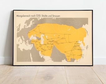 Mongol Empire after 1250| Framed Art Print| Mongol Empire Map Wall Print| Canvas Art Wall Decor| Poster Vintage| Map Wall Poster