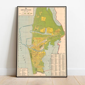 Liepaja Stadtplan Wandbild| Gerahmte Karte Wanddeko | 1935 Liepaja Karte Kunstdruck | Posterdruck | Kunstdruck auf Leinwand | Karte Wandkunst Poster