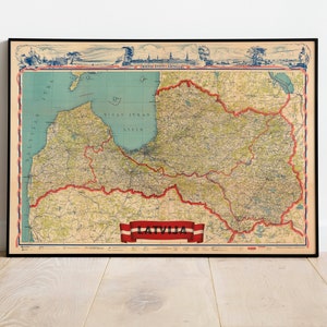 Lettland Landkarte Print| Kunstgeschichte| 1950 Lettland Karte Wand Kunst| Gerahmte Wandkunst| Leinwandbild | Poster Kunst| Drucke Wandkunst| Landkarte Wandbilder