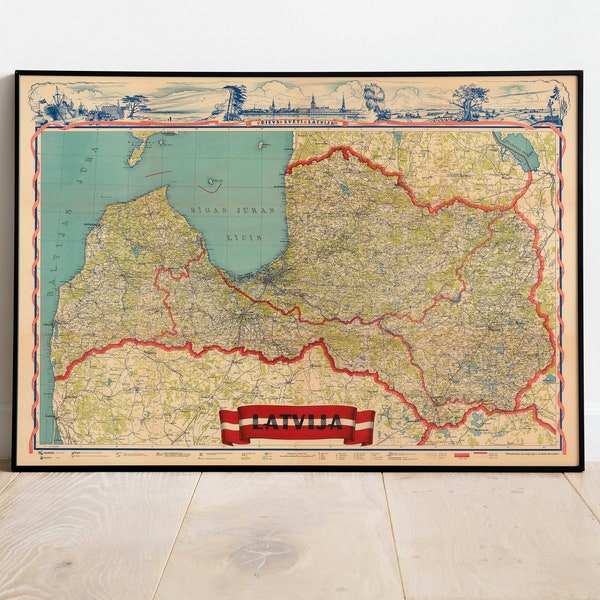 Latvia Map Print| Art History| 1950 Latvia Map Wall Art| Framed Wall Art| Canvas Art| Poster Art| Prints Wall Art| Map Wall Prints