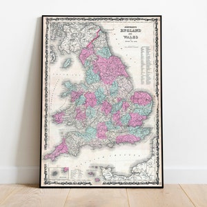 England Karte Wandbild | 1962 Wales Karte| Posterdruck | Kunstdruck auf Leinwand | Alte Karte Wand Kunst Poster | Gerahmte Landkarte als Wanddeko