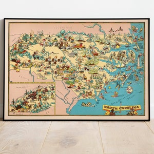 Karte von North Carolina | Kunstgeschichte| 1935 North Carolina Karte Wand Kunst| Gerahmte Kunst| Leinwandbild | Poster Kunst| Kunstdruck | Landkarte Wandbilder