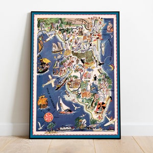 Kaart van de staat Florida| Decoratieve muurkunst| Afdrukken op canvas| Florida kunst aan de muur| Thuismuurprint| Vintage kaart afdrukken| Posterkunst