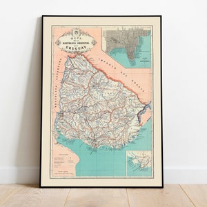 Poster della mappa dell'Uruguay 1888/Mappe vintage dell'Uruguay Decorazione da parete/Stampe su tela Arte della parete/Stampe da parete incorniciate/Mappa a discesa
