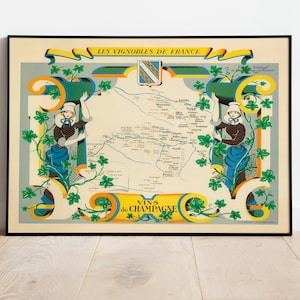 Wines of France Druck für Küche Wanddekor | Weine der Champagne| Weinkarte Poster | Wein Wand Kunstdruck | Vintage Poster