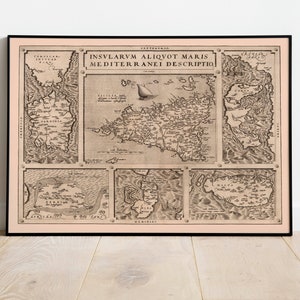 Landkarte von Sardinien, Sizilien, Korfu, Zerbi, Elba und Malta 1570| Alte Karte Wanddeko | Vintage Karte Wandkunst| Gerahmter Kunstdruck| Leinwanddruck Karte