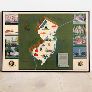 Mapa histórico de Nueva Jersey/ 1938 Impresión de pared del mapa de Nueva Jersey / Arte de la pared del lienzo / Póster vintage / Impresión de arte enmarcado / Impresión de póster