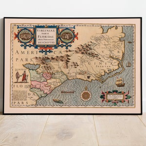 Kaart van Florida en Virginia 1623| Gerardus Mercator| Oude kaart wanddecoratie| Vintage kaart kunst aan de muur| Affiche| Ingelijste kunstafdruk| Canvasafdruk kaart