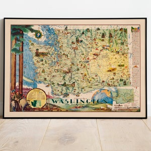 Landkarte von Washington| Der immergrüne Zustand| Washington Wandkunst | Leinwand Wand Druck | Vintage Washington Karte Poster