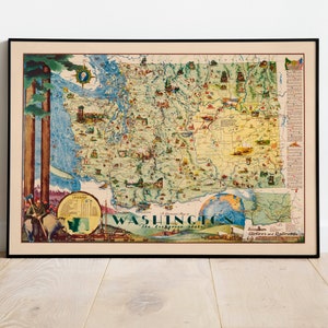 Pictorial Map of Washington| The Evergreen State| Washington Wall Art| Canvas Wall Print| Vintage Washington Map Poster