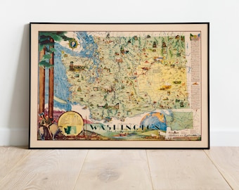 Pictorial Map of Washington| The Evergreen State| Washington Wall Art| Canvas Wall Print| Vintage Washington Map Poster