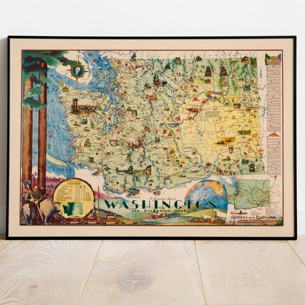 Pictorial Map of Washington| The Evergreen State| Washington Wall Art| Canvas Wall Print| Vintage Washington Map Poster