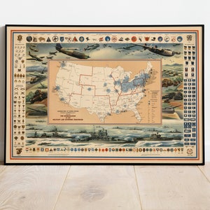 Defense Map of United States| Military Map Print| Vintage USA Map| Canvas Wall Art| US Military Wall Print| Poster Vintage