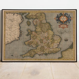 Großbritannien Karte Wandbild | 1595 England Landkarte| Posterdruck | Kunstdruck auf Leinwand | Alte Karte Wand Kunst Poster | Gerahmte Landkarte als Wanddeko