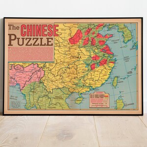 China Landkarte Druck| Kunstgeschichte| 1945 China Karte Wandkunst| Gerahmte Wandkunst| Leinwandbild | Poster Kunst| Drucke Wandkunst| Landkarte Wandbilder