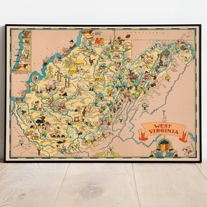 West Virginia Karte Print | Fine Art Prints| 1935 West Virginia Wand Kunst| Gerahmte Kunst| Leinwandbild | Poster Kunst| Drucke Wandkunst| Landkarte Wandbilder