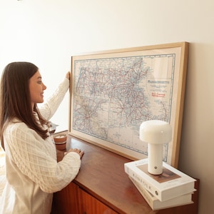 Mappa delle strade del Massachusetts 1920, stampa incorniciata, stampa artistica su tela, decorazione da parete