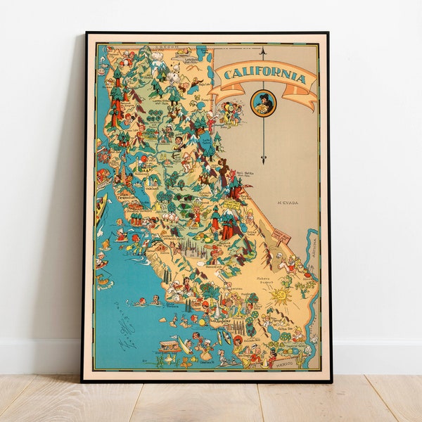 California Map Print| Fine Art Prints| 1935 California Map Wall Art| Framed Wall Art| Canvas Art| Poster Art| Print Wall Art| Map Wall Print