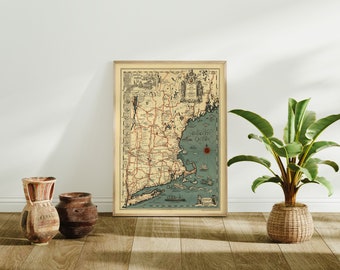 Old Map of New England| Atlantic Ocean Map| Vintage USA Map| Maine Map| New Hampshire Map| Vermont Map| Massachusetts| Rhode Island