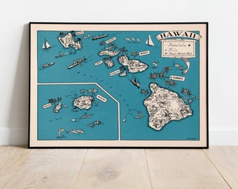 Fun Map of Hawaii – Vintage Pictorial Whimsical Cartoon Print
