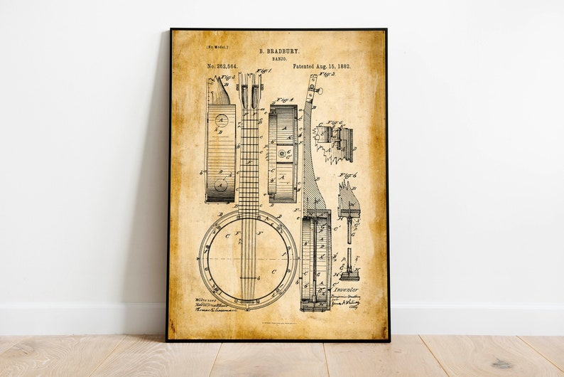 Cartel de banjo arte instrumento musical arte enmarcado impresión músico regalos música pared arte lienzo música pared decoración ideas imagen 5