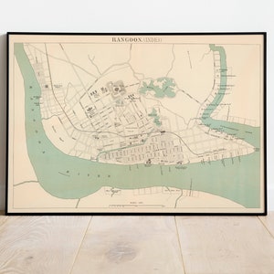 Historische Karte von Rangun| Yangon |Myanmar Karte | Posterdruck | Gerahmtes Wandbild| Leinwanddruck Wanddeko | Wandposter| Vintage Karte Wandkunst