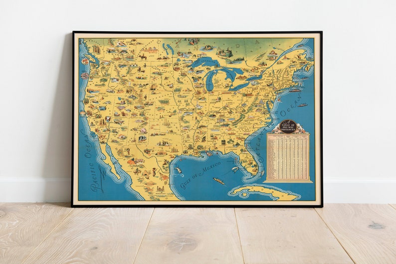 United States Map Print Canvas Print Wall Art USA Vintage Maps for Wall Decor America Map Poster Wall Maps Pull Down Map image 1