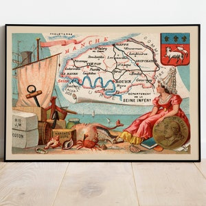 Karte von Departement Seine Maritime, Frankreich| Rouen Wandkunst| Vintage Frankreich Karte Print | Leinwanddruck auf Keilrahmen| Home Wanddeko Poster