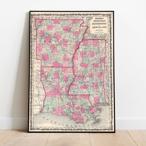 1862 Kaart van Louisiana, Mississippi en Arkansas| Oude kaart van Arkansas| Oude kaart van Mississippi| Oude kaart van Louisiana| Vintage USA kaart voor decor