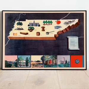 Historische Karte von Tennessee| 1938 Tennessee Map Wall Print | USA Karten Wanddeko | Leinwandbild Fertig zum Aufhängen | Gerahmter Kunstdruck| Wandposter