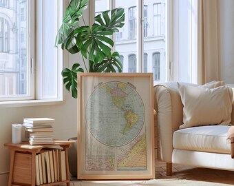Impresión vintage de un mapa del hemisferio occidental: arte mural enmarcado de 1925