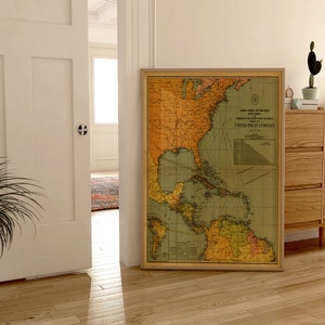 Impresión de pared del mapa del Caribe / Mapa de América Central / Impresión de póster / Impresión de lienzo Arte de la pared / Cartel de arte de la pared del mapa antiguo / Decoración de la pared del mapa enmarcado