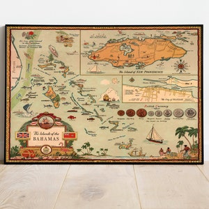 Die Bahamas Karte Drucken | Kunstgeschichte| 1951 Die Bahamas Karte Wandkunst| Gerahmte Wandkunst | Leinwand Kunst | Plakatkunst| Druckt Wandkunst | Karte Wandbilder