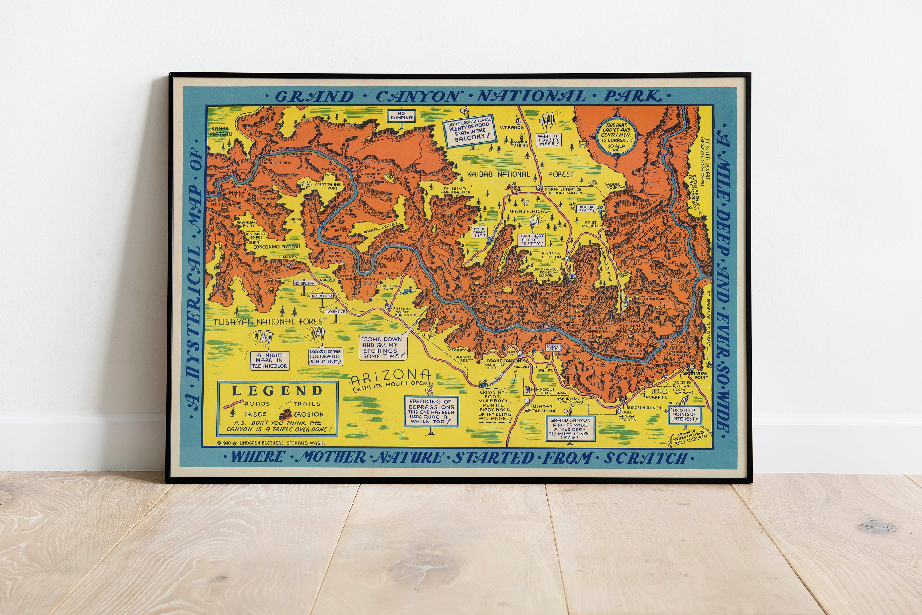 Grand Canyon Map Print| Art History| 1940 National Park Map Wall Art| Framed Art| Canvas Art| Poster Art| Prints Wall Art| Map Wall Prints