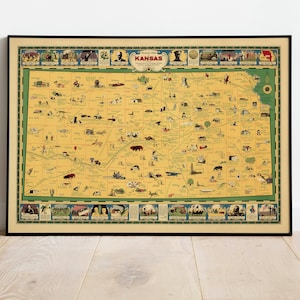 Kansas Map Print | Kunstgeschichte| 1930 Kansas Karte Wand Kunst| Gerahmte Wandkunst| Leinwandbild | Poster Kunst| Drucke Wandkunst| Landkarte Wandbilder