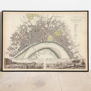 Bordeaux City Map Wandbild | Gerahmte Karte Wanddeko | 1833 Bordeaux Karte Kunstdruck | Posterdruck | Leinwandbild Wandkunst| Karte Wandkunst Poster