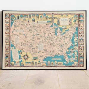 Karte von katholischem Amerika| Religiöse Print Wandkunst | Gerahmter Kunstdruck | Kunst Leinwand Wanddekor | Posterdruck | Wandkarte Poster