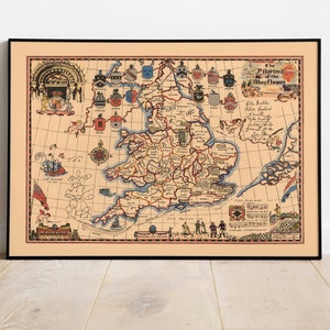 Die Pilger der Mayflower| Landkarte von England und Holland| Vintage Karte Poster | Wall Map Print| Leinwanddruck Wandkunst | Ziehbare Landkarte