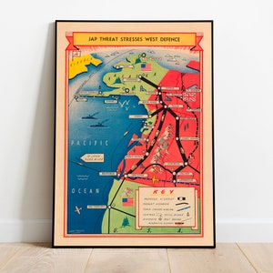 Carte picturale du Canada pendant la Seconde Guerre mondiale| Seconde Guerre mondiale| Menace du Japon pendant la Seconde Guerre mondiale | Impressions sur toile| Affiche vintage| La Seconde Guerre mondiale