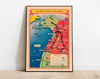 Pictorial Map of Canada in World War 2| WW2| Japan Threat in World War 2| Prints on Canvas| Poster Vintage| WWii