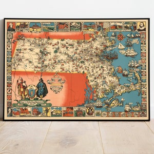 Karte von Massachusetts| The Old Bay State| Alte Karte Wandbild | Poster Vintage| Leinwandbild | Massachusetts Wandkunst