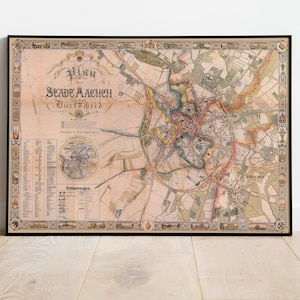Aachen City Map Wandbild | Gerahmte Karte Wanddeko | 1860 Aachen Karte Kunstdruck | Posterdruck | Kunstdruck auf Leinwand | Karte Wandkunst Poster