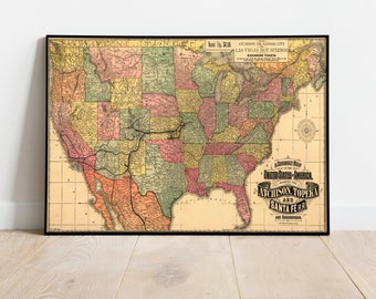 Railroad Map| Vintage Maps of US| Atchison Poster| Topeka Poster| Santa Fe Poster| Old Maps| Vintage Maps| Antique Maps| Old Map Art